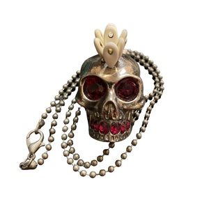 ALEXANDER MCQUEEN Antique Silver Tone Brass Red Crystal SKULL NECKLACE Handmade